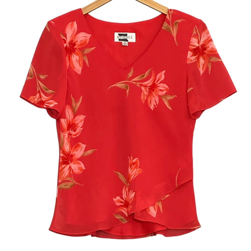 VTG 90s Flowy Feminine Womens Top 12 Red Floral Chiffon Retro Girlie Cottagecore